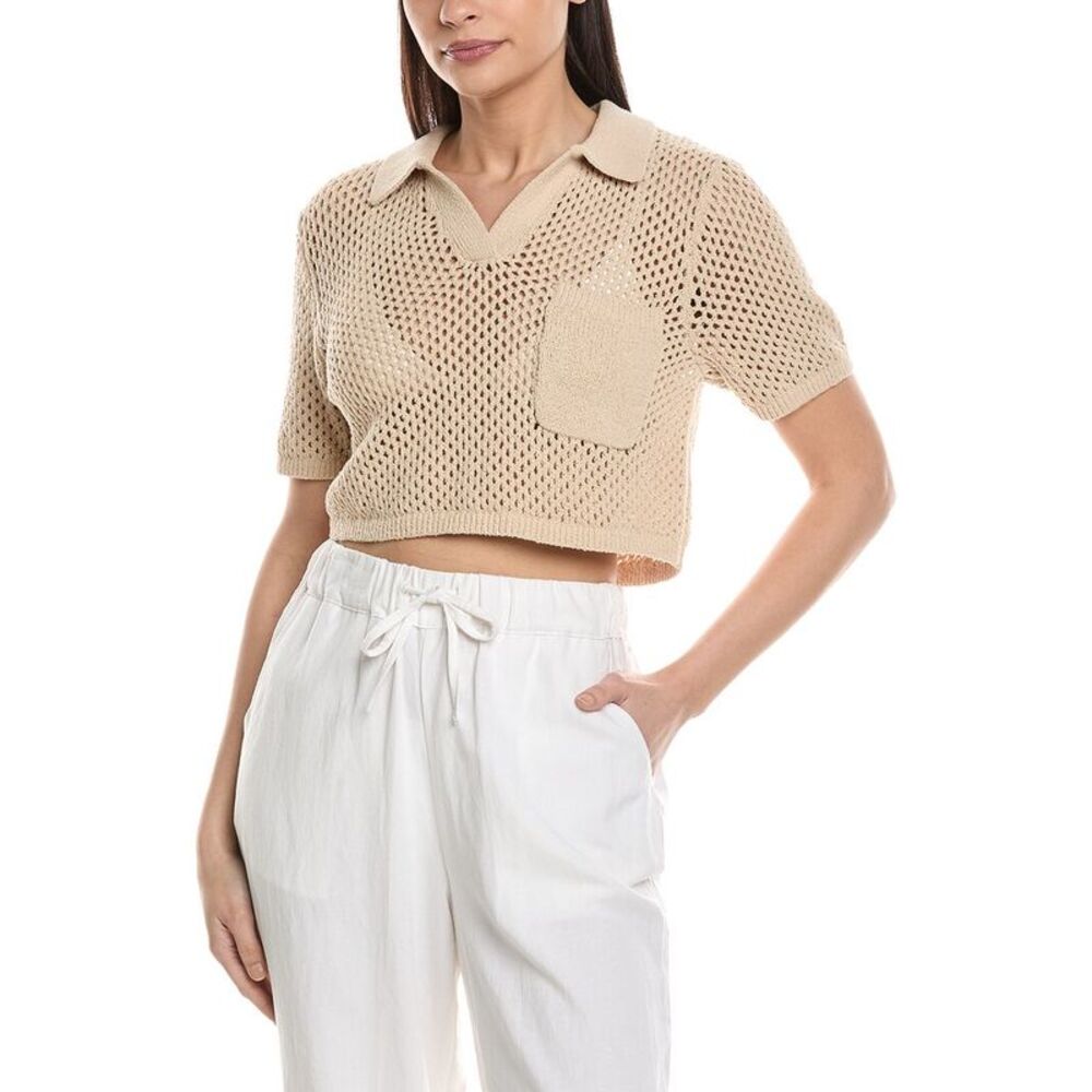 Onia Womens  Crochet Knit Cropped Polo Sweater, Brown